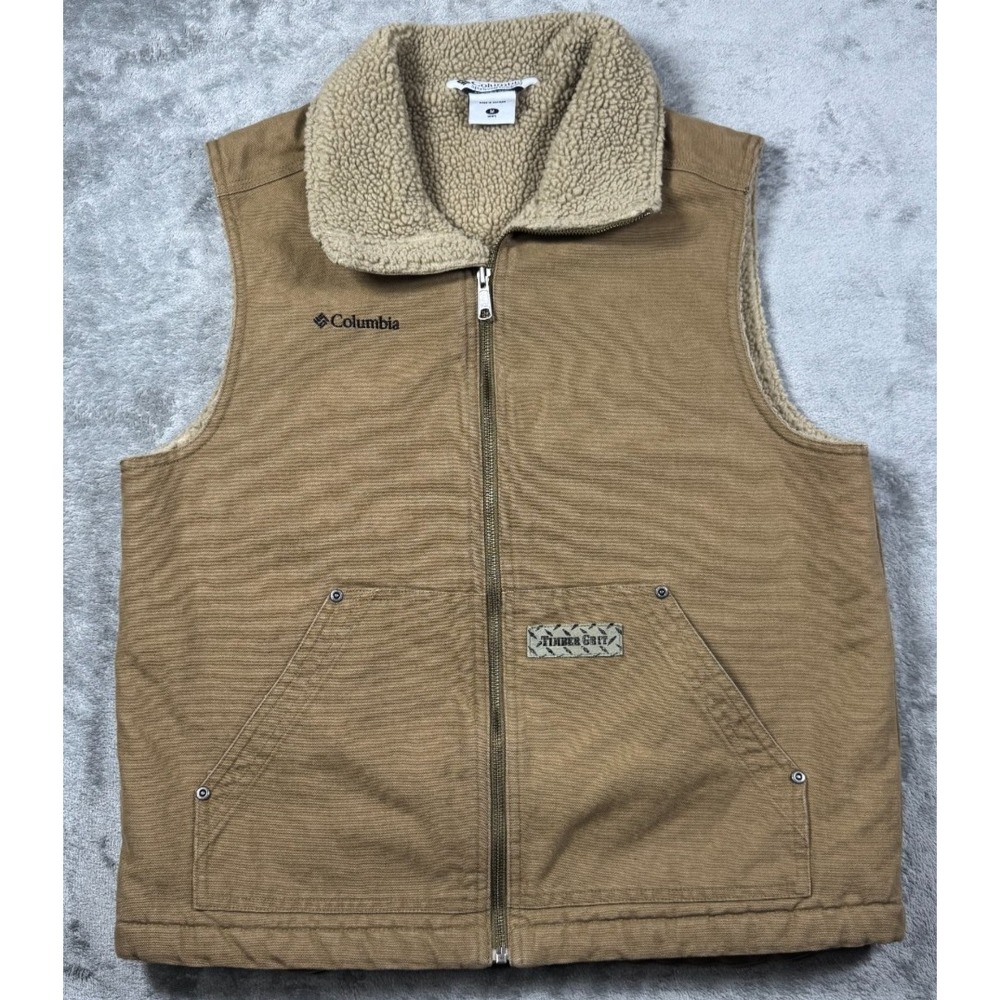 Columbia Timber Grit Canvas Sherpa Fleece Lined Workwear Vest Tan Mens M HM1011